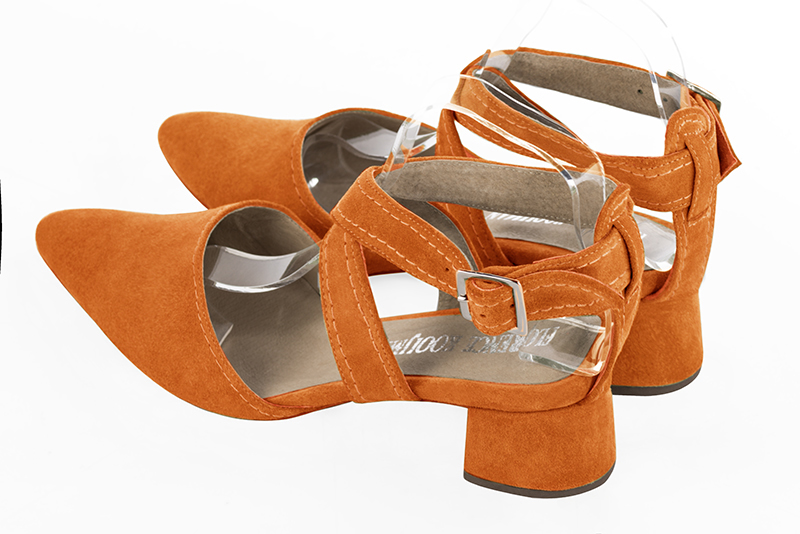 Apricot orange women's open back shoes, with crossed straps. Tapered toe. Low flare heels. Rear view - Florence KOOIJMAN
